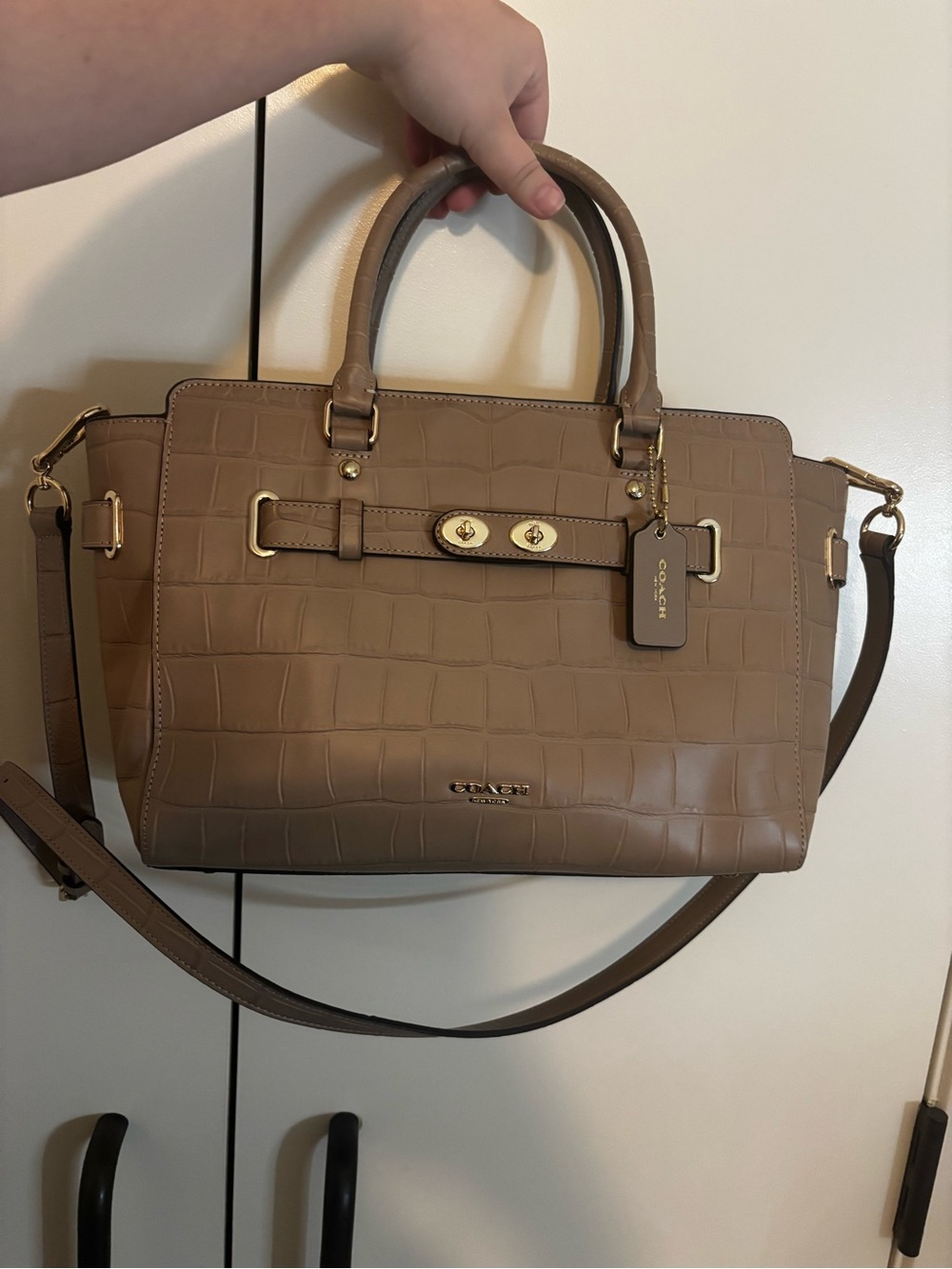 Coach Taupe Croc-Embossed Leather Satchel with Gold Hardware